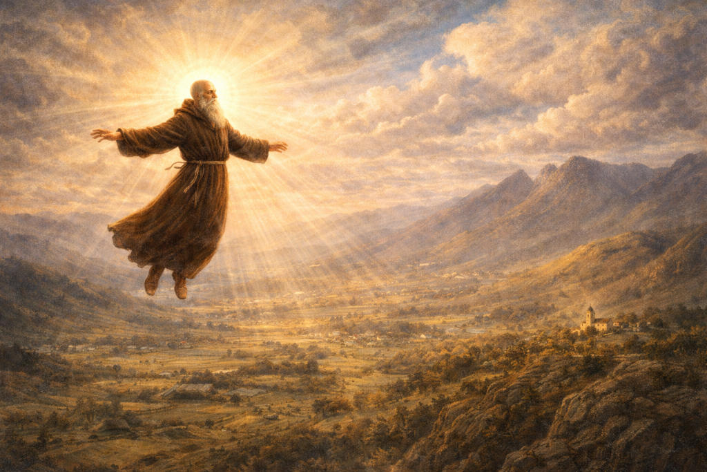 San Antonio suspendido en el aire tras un salto milagroso sobre los campos y cerros de Michoacán, guiado por una luz celestial.
