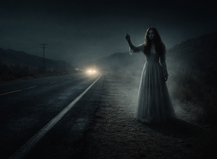 mujer fantasma haciendo señal en carretera nocturna