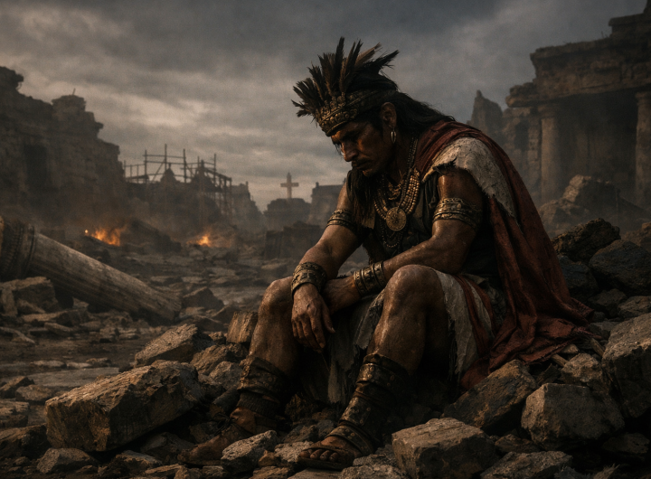 Indígena noble sentado entre ruinas de Tenochtitlán contemplando la destrucción tras la conquista