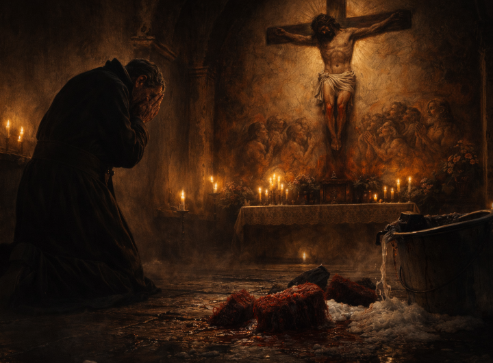 Sacerdote arrodillado frente a Cristo con estropajos manchados de sangre.