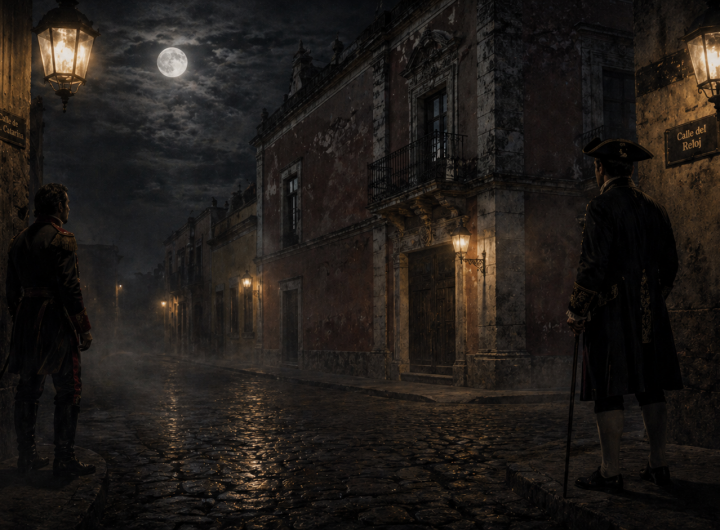 Dos hombres esperando en esquinas opuestas de calle colonial mirando un balcón vacío