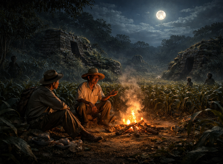 Anciano campesino maya y explorador junto a fogata nocturna en milpa con ruinas, mientras siluetas de Aluxes observan entre el maíz bajo la luna.