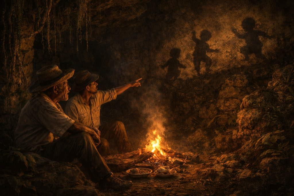 Anciano maya y explorador dentro de cueva iluminada por fogata con ofrendas, sombras de Aluxes proyectadas en las paredes de piedra.