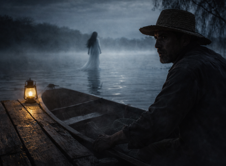 Pescador observando a la mujer de blanco en la laguna durante la madrugada con neblina.