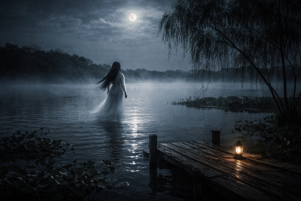 Mujer de blanco caminando sobre la laguna del Chairel de noche con neblina y muelle en primer plano.