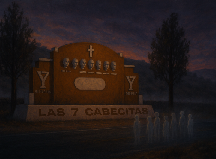 Monumento real de Las Siete Cabecitas al atardecer con atmósfera espectral