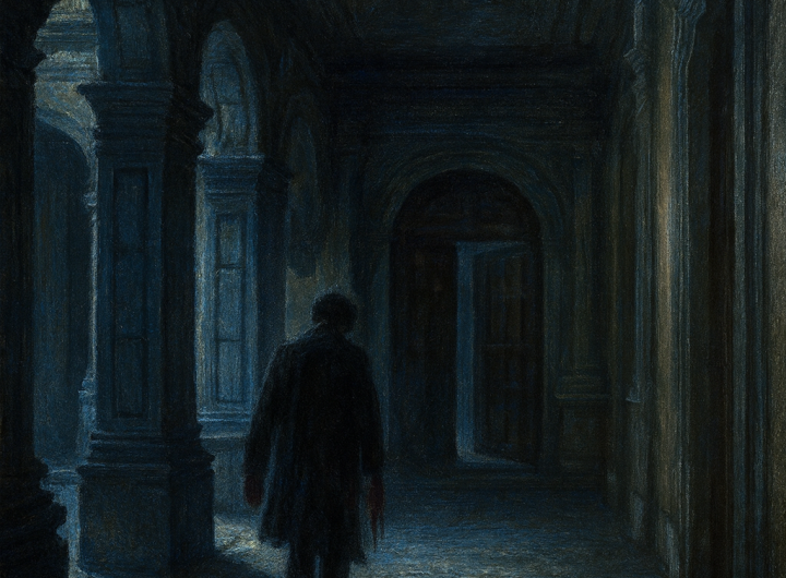 Corredor nocturno de San Ildefonso con silueta espectral en pasadizo.
