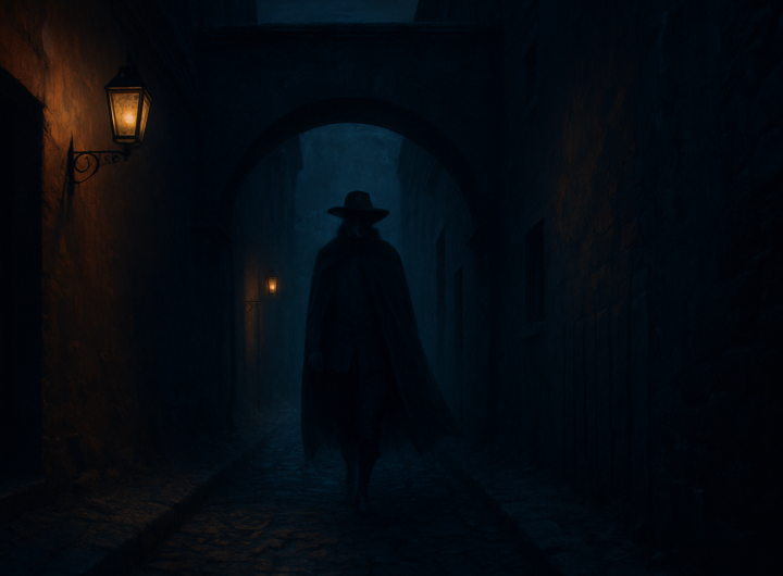 Figura espectral del Curro caminando bajo un arco antiguo en un callejón estrecho de Santa Eulalia, Chihuahua; escena nocturna con tonos fríos y estilo pictórico oscuro.