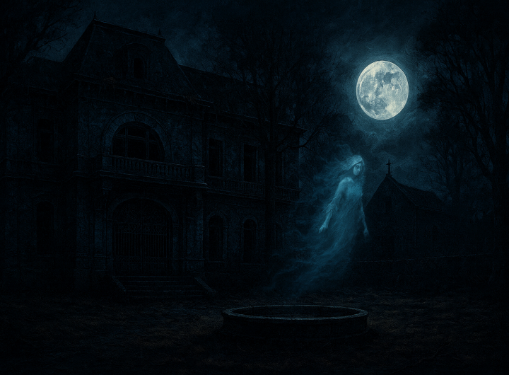Fantasma femenino translúcido flotando frente a la fachada de la Hacienda de Exquitlán iluminada por la luna llena.