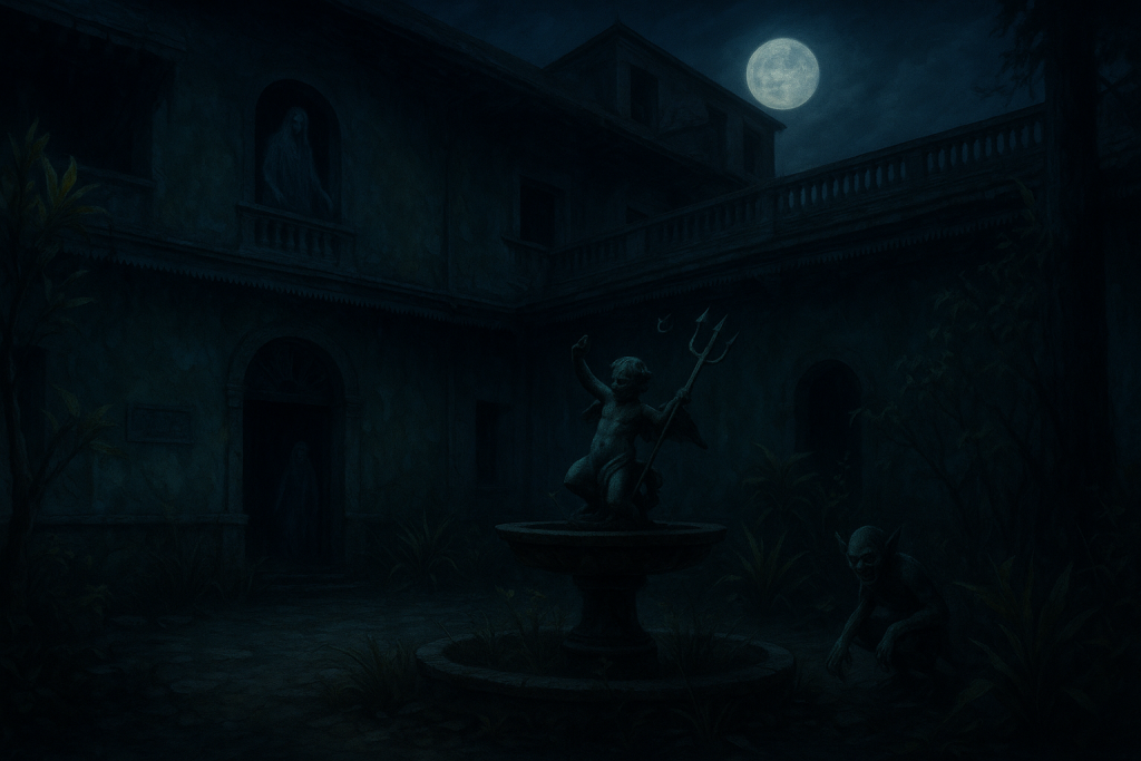 Patio nocturno de la Hacienda de Exquitlán con la aparición de un fantasma femenino y un duende oculto entre las plantas.