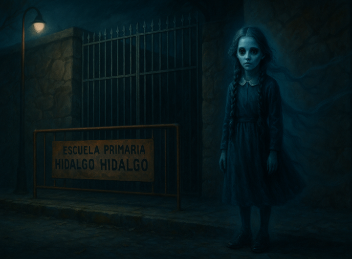 Niña fantasmal con uniforme antiguo frente a la entrada de la Escuela Primaria Hidalgo Hidalgo durante la noche.