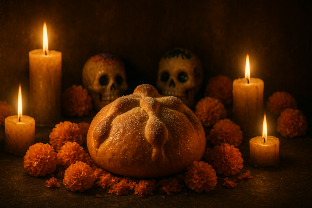 Representación artística del origen prehispánico del pan de muerto.