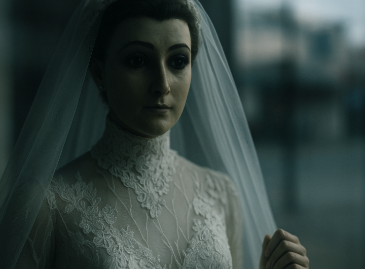 Primer plano de La Pascualita con velo y vestido de encaje, recreada en estilo realista y sombrío dentro de su vitrina.
