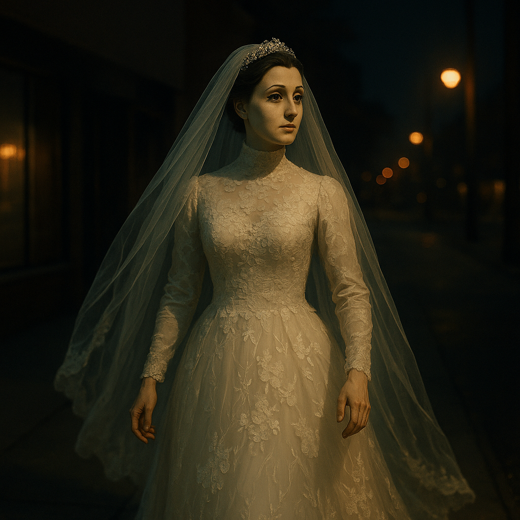 La Pascualita caminando por una calle oscura, con vestido de novia y velo iluminados por faroles nocturnos.