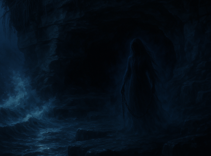 Cueva del Morro con figura espectral encadenada.