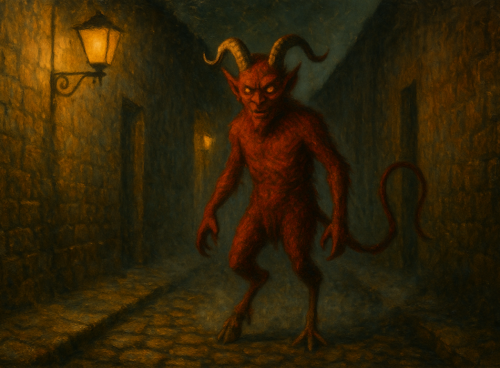 Demonio rojo apareciendo en una callejuela antigua de Tlalpan.
