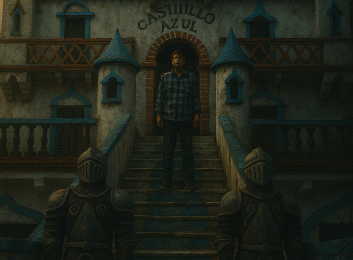 Hombre de aspecto místico en lo alto de las escaleras del Castillo Azul de Cholula, flanqueado por caballeros de piedra, en una escena oscura y misteriosa.