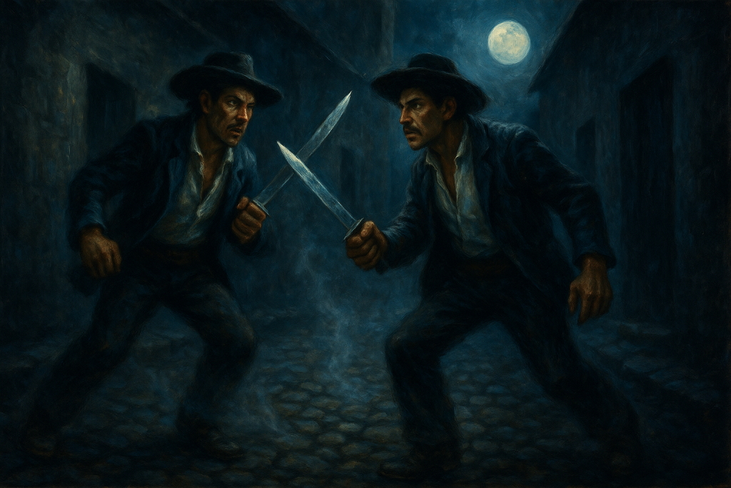 Dos mineros borrachos peleando a cuchillo bajo la luna en Real de Catorce