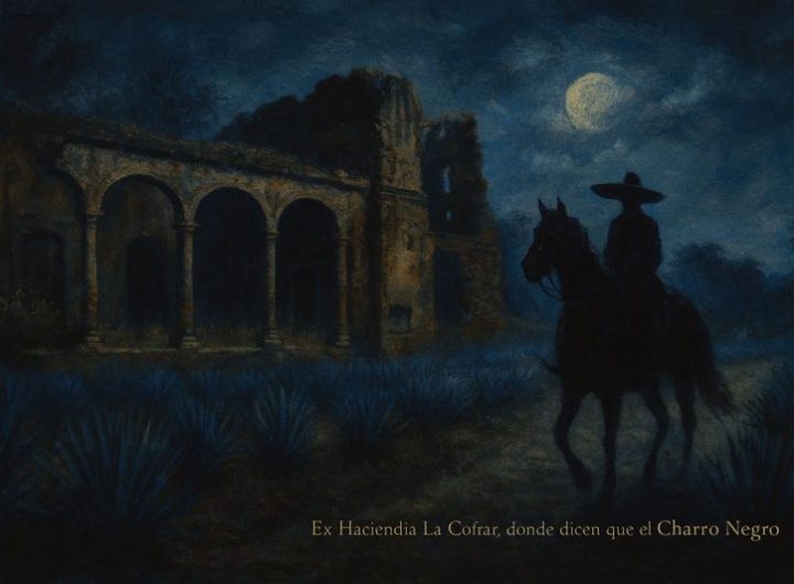 Silueta del Charro Negro cabalgando frente a la Ex Hacienda La Cofradía en Amatitán al anochecer.