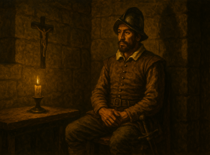 Soldado colonial del siglo XVI encarcelado por la Inquisición en una celda del convento de Santo Domingo, iluminado por una vela.