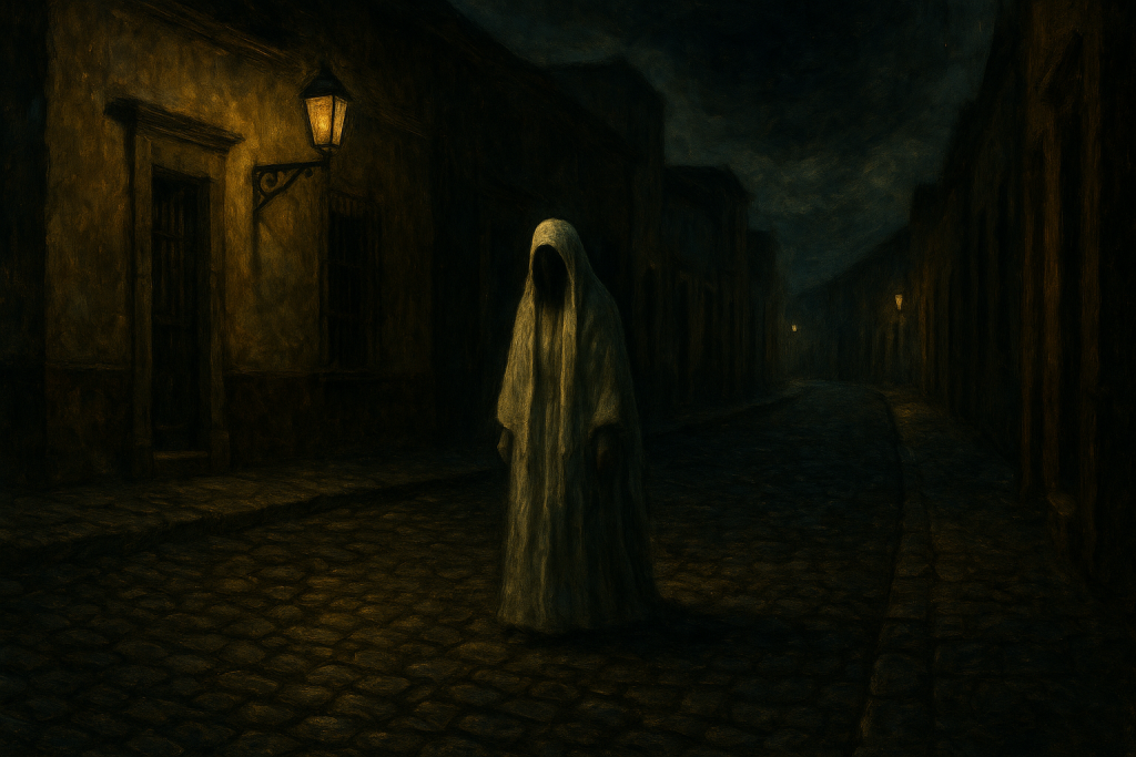 La Llorona caminando sola por una calle colonial de noche