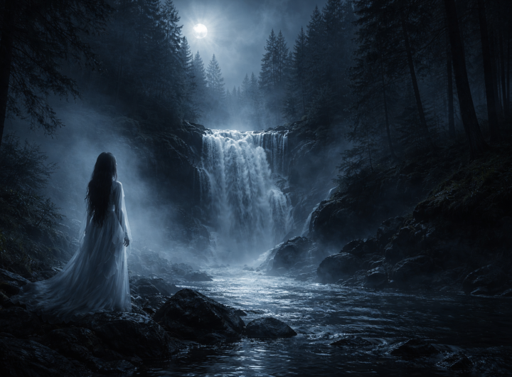 Aparición espectral femenina junto a la cascada del río de San Pedro en Zacatlán durante la noche.