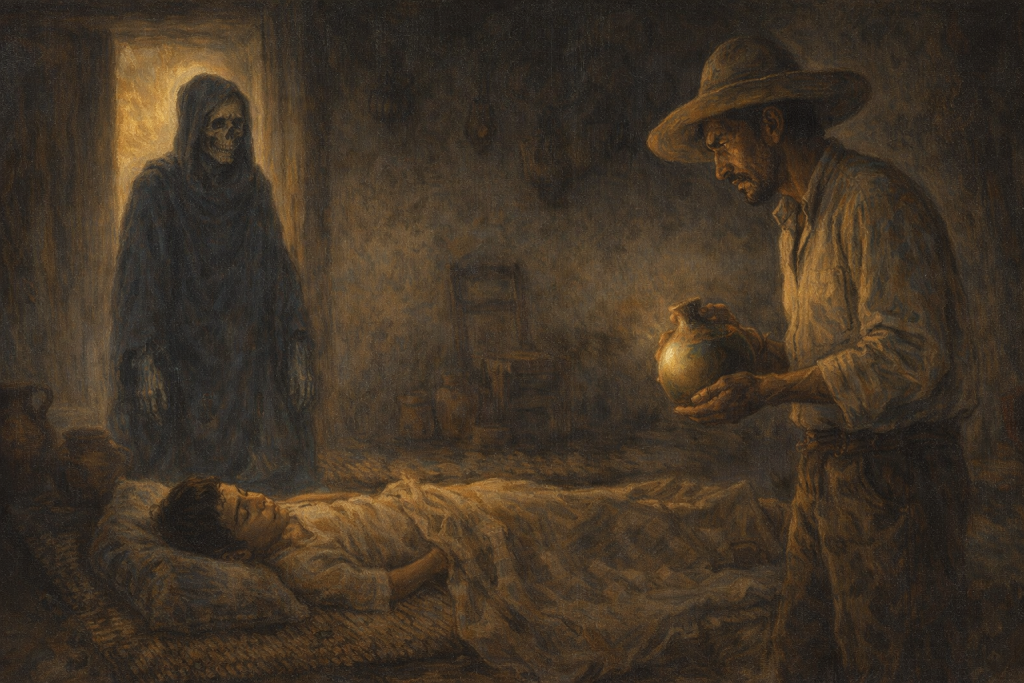 Alt text: La Muerte a los pies del enfermo mientras Macario sostiene el guaje