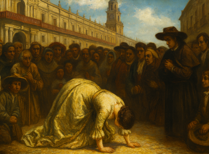 Doña Paz realizando la machincuepa en la Plaza Mayor colonial.