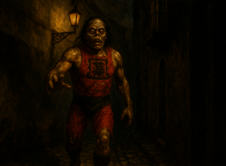 Momia luchadora con traje rojo avanzando en un callejón oscuro de Guanajuato, iluminado apenas por una lámpara antigua.