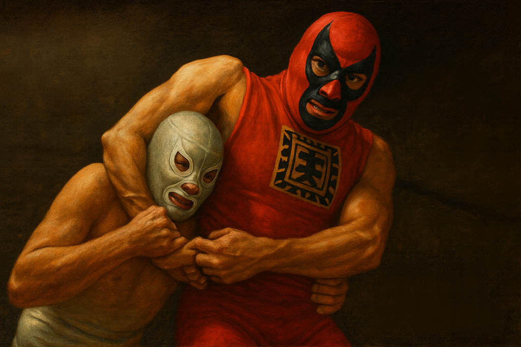 Dos luchadores enmascarados en un combate intenso, Satán con máscara roja dominando a su oponente.