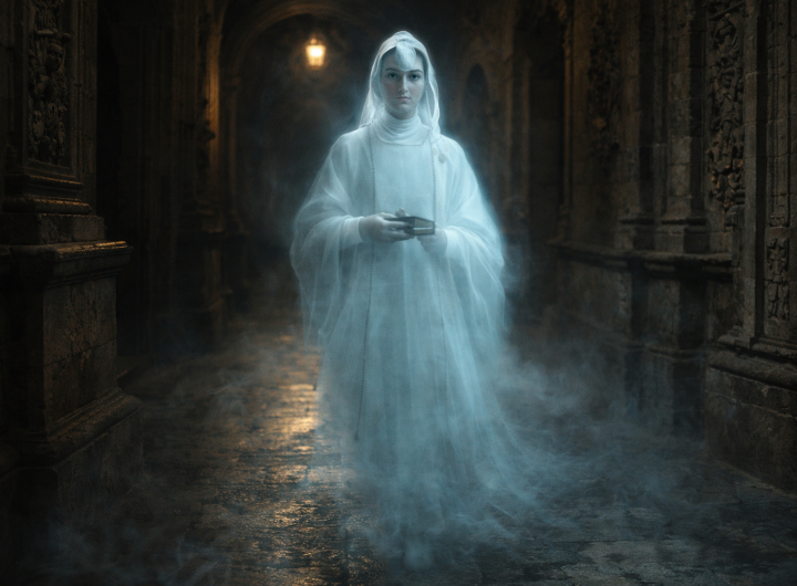 Figura espectral de una monja en hábito blanco caminando por un pasillo antiguo.