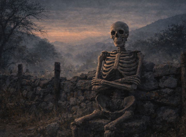 Esqueleto esperando absolución en una cerca de piedra