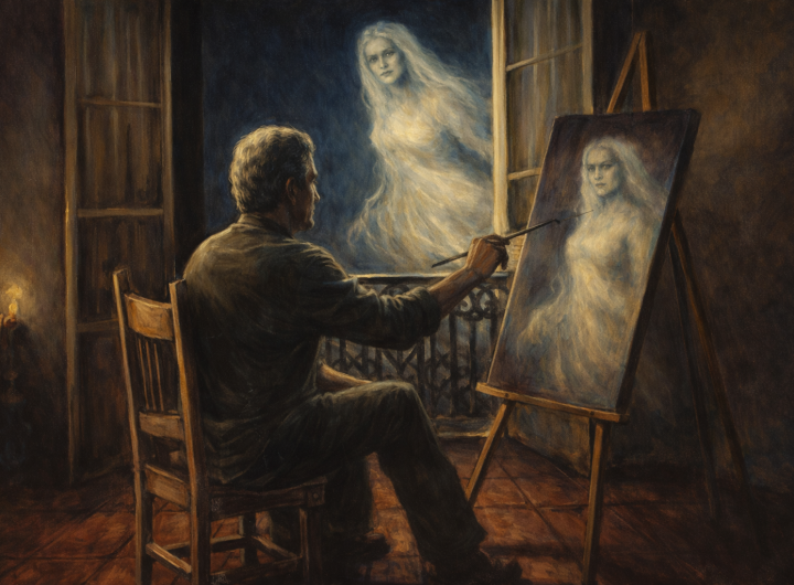 Pintor retratando a La Aparecida de Cócorit, espíritu femenino vestido de blanco que se manifiesta en el balcón de una casona antigua de Sonora