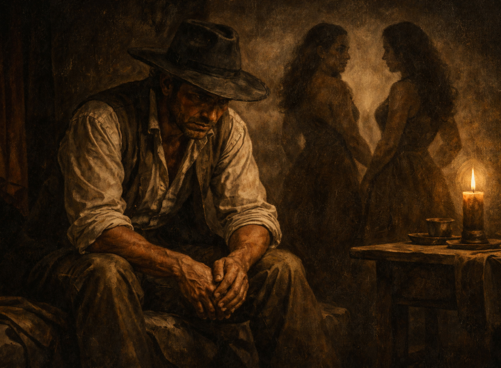 Hombre arriero del siglo XVIII sentado en penumbra con sombras femeninas insinuadas detrás, representación del temor al ligamiento amoroso en la Nueva España.
