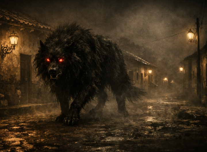 El Cadejo caminando en la noche por un pueblo de Chiapas