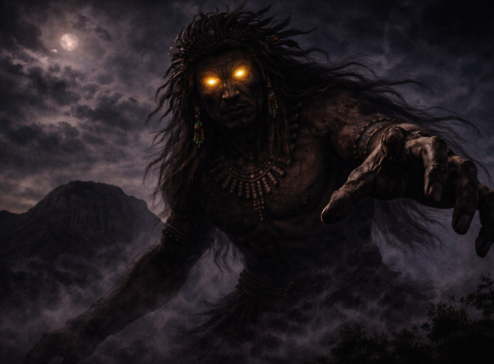 Sacerdote nahual chichimeca gigante emergiendo de la neblina nocturna con ojos brillantes y actitud amenazante, protector ancestral del Cerro del Muerto en Aguascalientes.