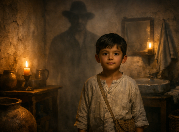 Niño hablando con espíritu en baño antiguo