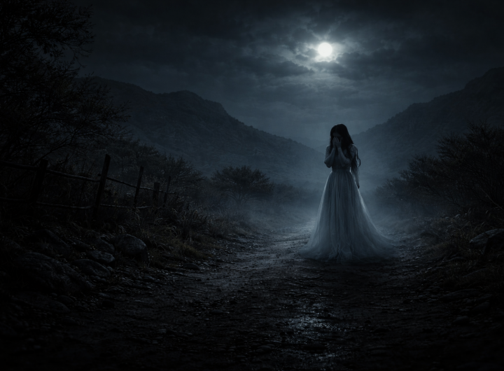 Silueta de La Llorona en camino nocturno