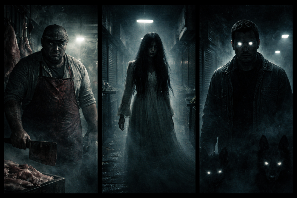 Imagen compuesta de tres fantasmas del Mercado San Juan de Dios: un carnicero espectral entre ganchos de carne, una mujer de vestido largo en pasillos oscuros y un hombre de ojos blancos acompañado de perros, todos con semblante perturbador.