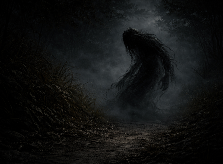 Sombra torcida emergiendo de la neblina en un camino nocturno, representación del desorden espiritual por un entierro incorrecto según creencias prehispánicas