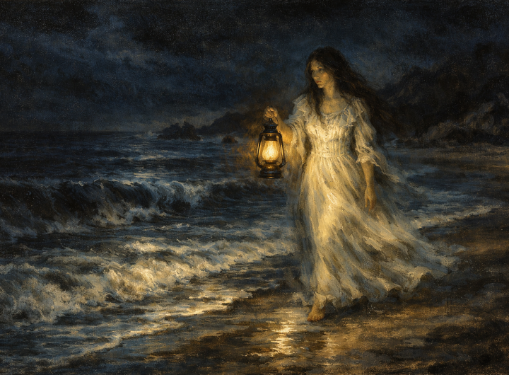Aparición de la Mujer del Candil caminando por la playa en una noche sin luna