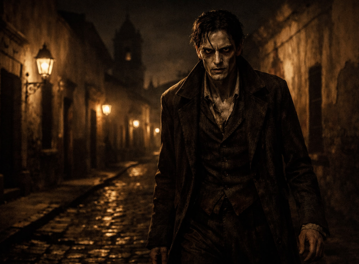 Vampiro antiguo caminando por una calle colonial de Guadalajara de noche, iluminado por faroles, durante la leyenda del Vampiro de Belén.