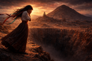 Agustina al borde de una cata del cerro de Proaño al atardecer.