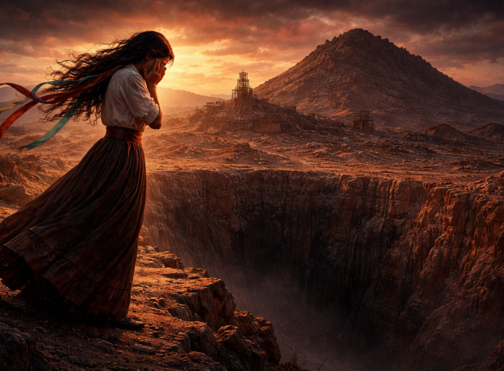 Agustina al borde de una cata del cerro de Proaño al atardecer.