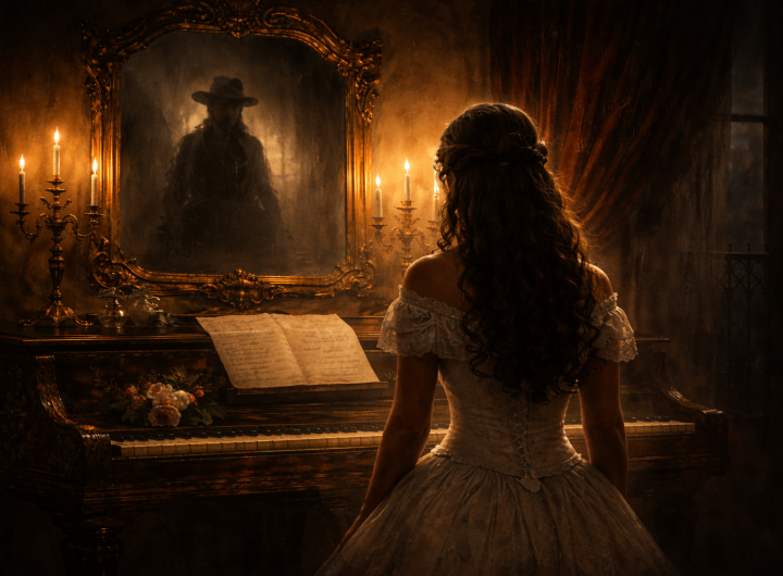 Silueta de mujer frente a piano con reflejo de jinete en espejo