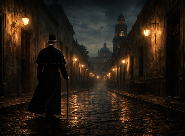 Obispo caminando por calle nocturna de Querétaro en el siglo XIX.