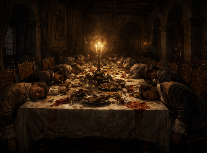 Trece caballeros muertos alrededor de una mesa en un salón colonial de Guanajuato.