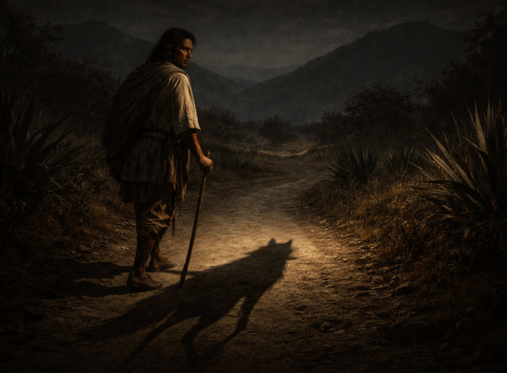 Hombre indígena con sombra de coyote en la noche