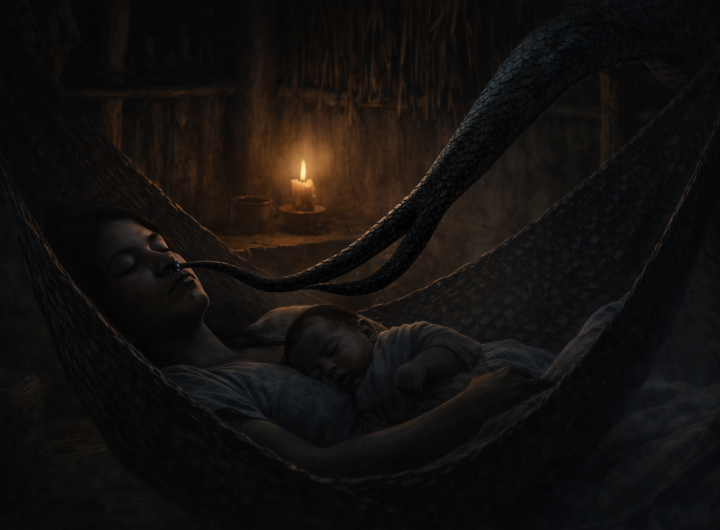 Ekuneil atacando a madre dormida en choza maya.