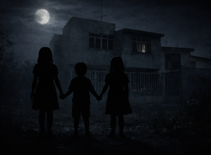 Siluetas de tres niños frente a casa oscura.